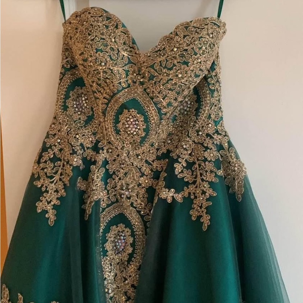 Elegant Green and Gold Embellished Midi Dress